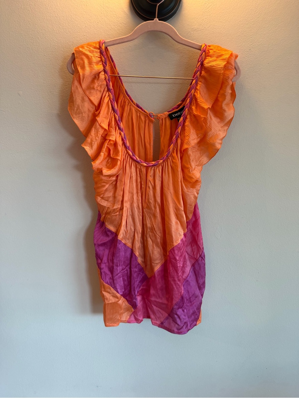 Bebe Silk Blend Orange Pink Colorblock Braided Neck Ruffle Tunic Top M NWT